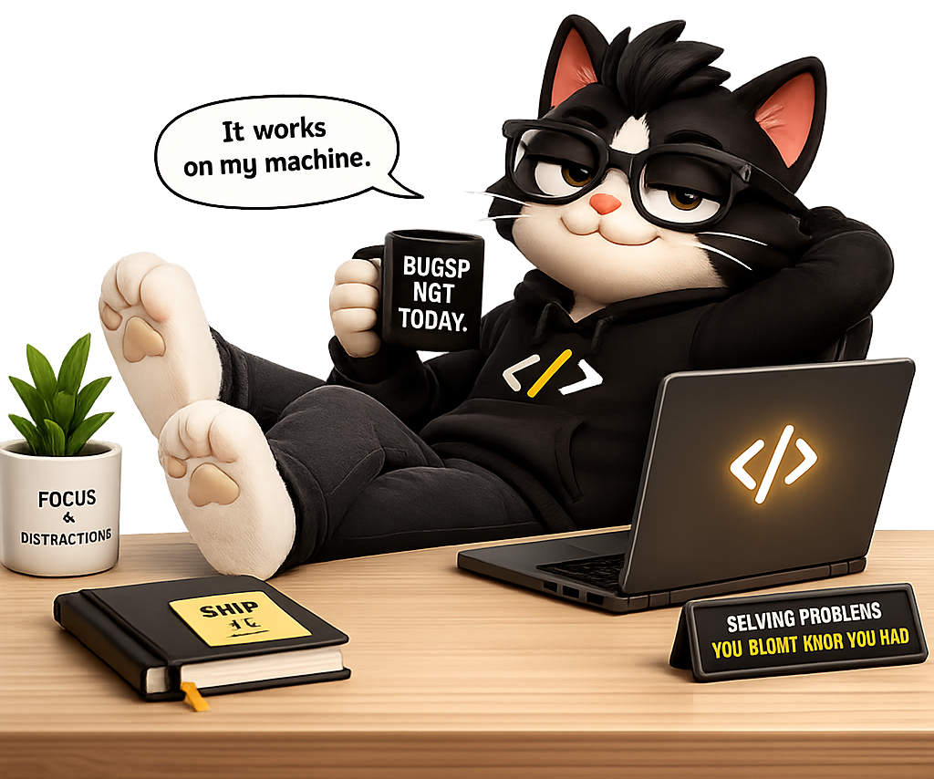 The superhuman mascot — a tuxedo cat with glasses leaning back with its feet on the desk, coffee in paw, saying: it works on my machine